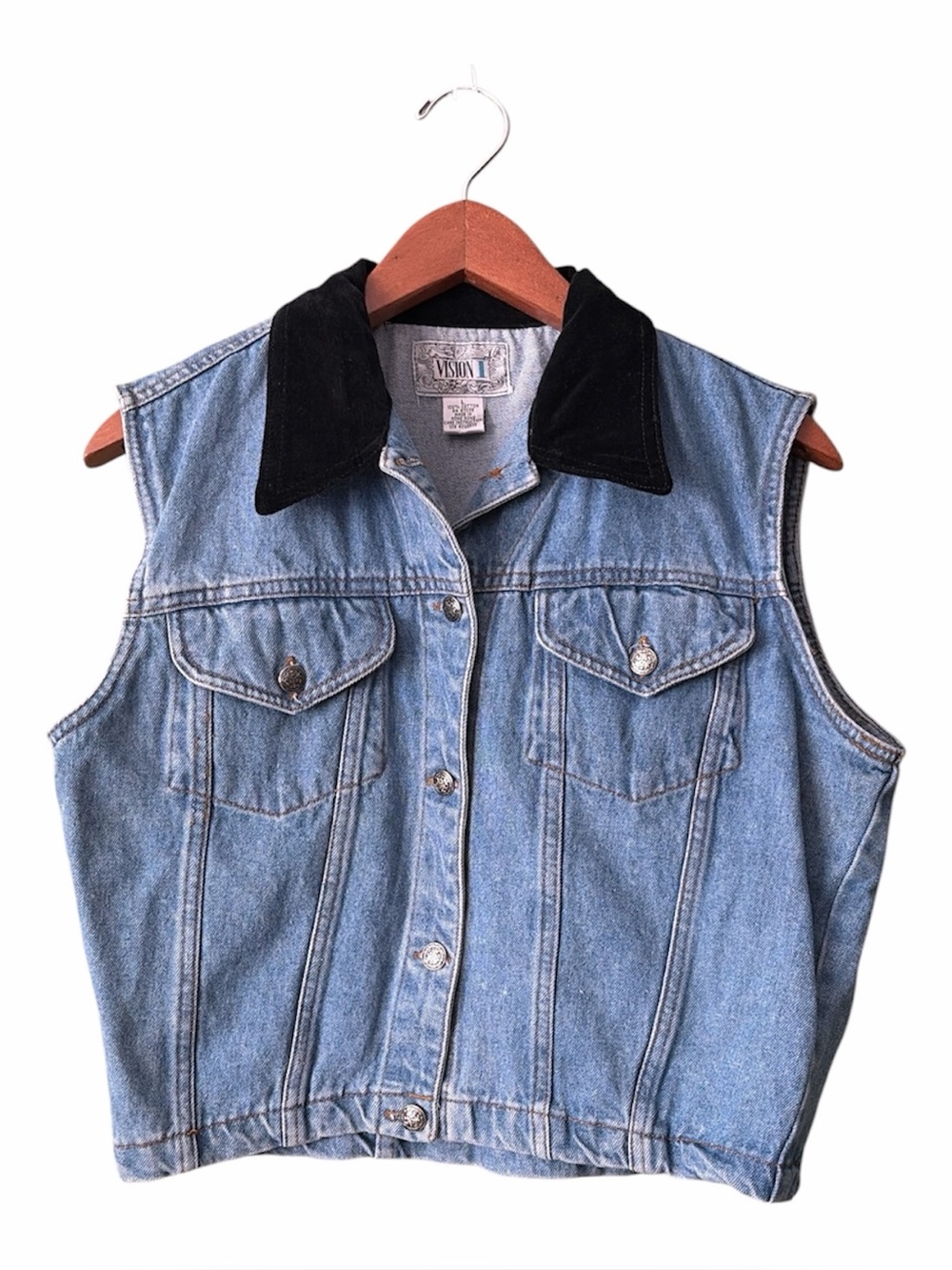VTG 90s Vision 1 Blue Denim Cropped Vest Black Collar Sz L